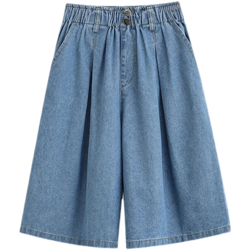 High Waist Wide Leg Loose Denim Shorts Women 2024 Summer New Arrivals Half Length Blue Color Jeans Shorts Korean Casual Jeans-belleandkai.com
