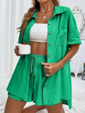 Long Sleeve Single breasted Top Broad legged Shorts Set Fashion Ladies Sexy Solid Suits 2024 Summer 2 Piece Outfits For Women-belleandkai.com