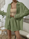100% Cotton Gauze Muslin Sets For Women 2 Pieces Long Sleeve Shirts And Loose High Waist Mini Shorts Sets Ensemble Femme-belleandkai.com