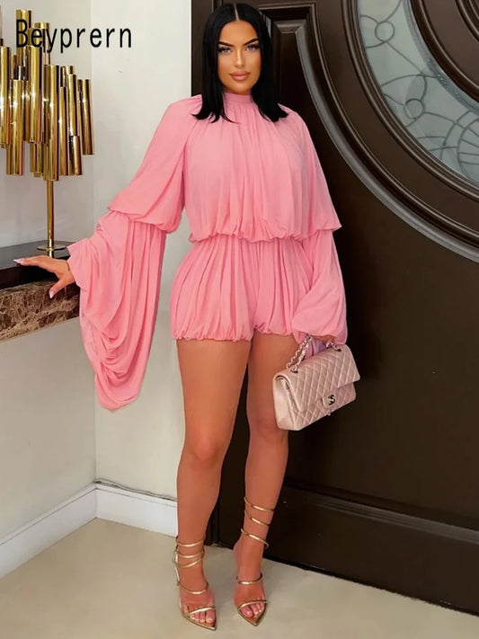 Beyprern New Chic Pink Ruffles Tierred Mesh Romper Cute Girls Batwing Sleeve Ruched Short Jumpsuit Loose Overalls Night Clubwear-belleandkai.com