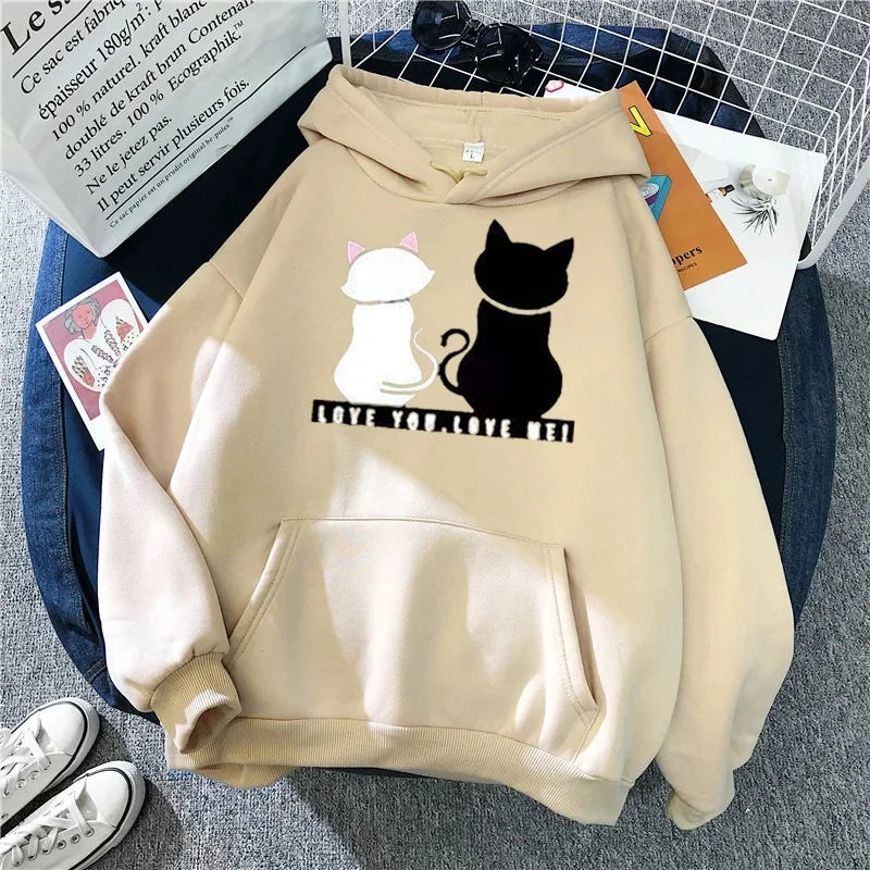 Women's Fleece Lined Hoodie Casual Cartoon Cat Print Oversize Loose Fit Autumn Winter Top Fashion Comfortable Streetwear-belleandkai.com