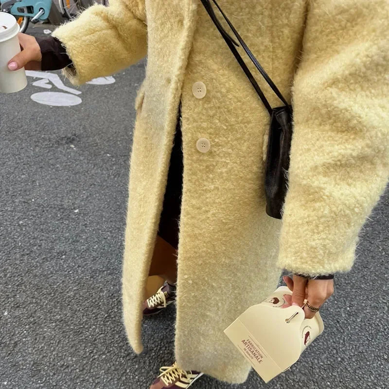 Elegant Lamb Wool Solid Women Maxi Coat Thicken Full Sleeve Lady Outwear 2024 Fashion Autumn Lapel Single Breasted Female Jacket-belleandkai.com
