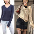 Brandy Mandy Women's V-Neck Long Sleeve Knit Sweater Casual Autumn Top Navy Crop Pullover for Girls-belleandkai.com