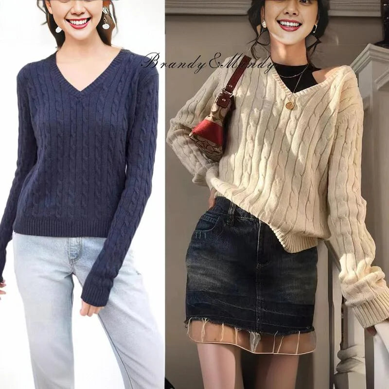 Brandy Mandy Women's V-Neck Long Sleeve Knit Sweater Casual Autumn Top Navy Crop Pullover for Girls-belleandkai.com
