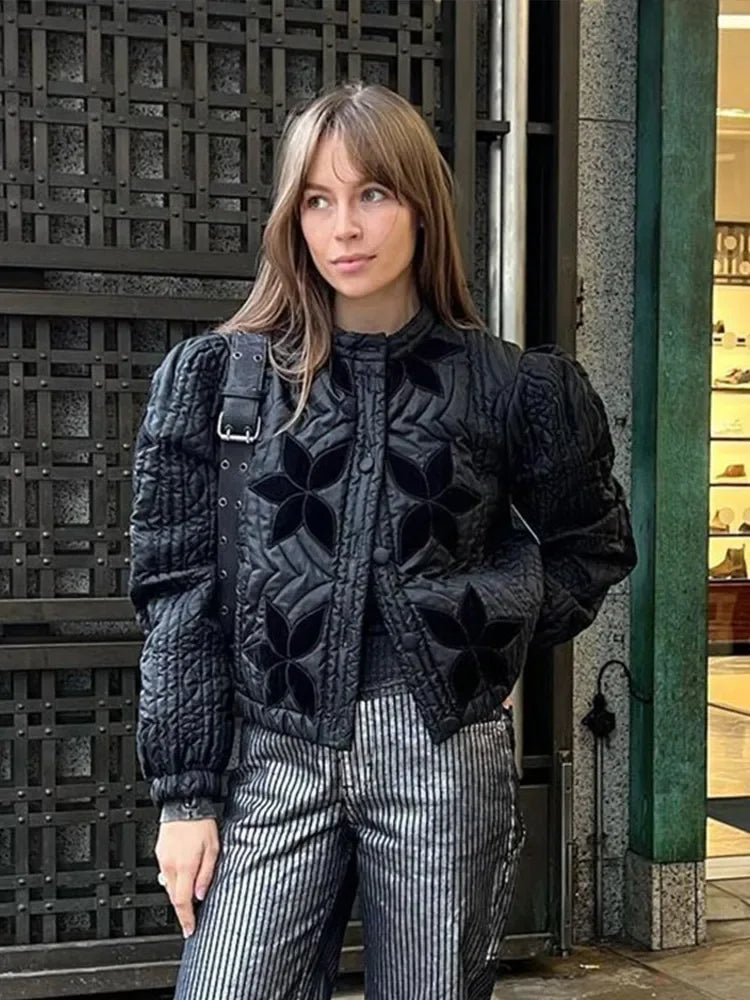 Casual Solid Printed Padded Women Jacket O-neck Full Sleeves Lady Coat 2024 Fashion Autumn Covered Button Female Loose Outwear-belleandkai.com