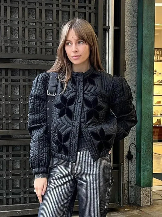 Casual Solid Printed Padded Women Jacket O-neck Full Sleeves Lady Coat 2024 Fashion Autumn Covered Button Female Loose Outwear-belleandkai.com