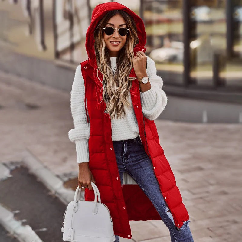 Long with Hood Outdoor Vest Down Women's Jacket Quilted Coat Sleeveless Jacket Winter Light Weight Sweaters-belleandkai.com
