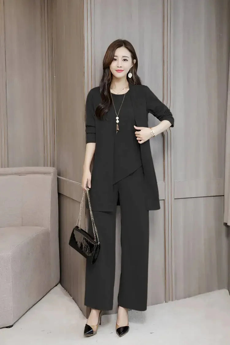 Plus Size Women's Loose-Fit Long Sleeve Vestbell Bottoms New Spring Autumn Suit Fashion Outfit Three-Piece Set Clothing-belleandkai.com