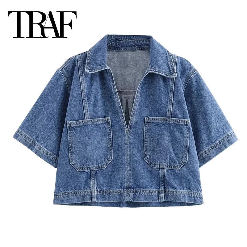 TRAF Blue Denim Shirt Woman Short Sleeve Cropped Shirt Women Summer Short Tops Woman Streetwear Y2k Stylish Women's Blouse-belleandkai.com