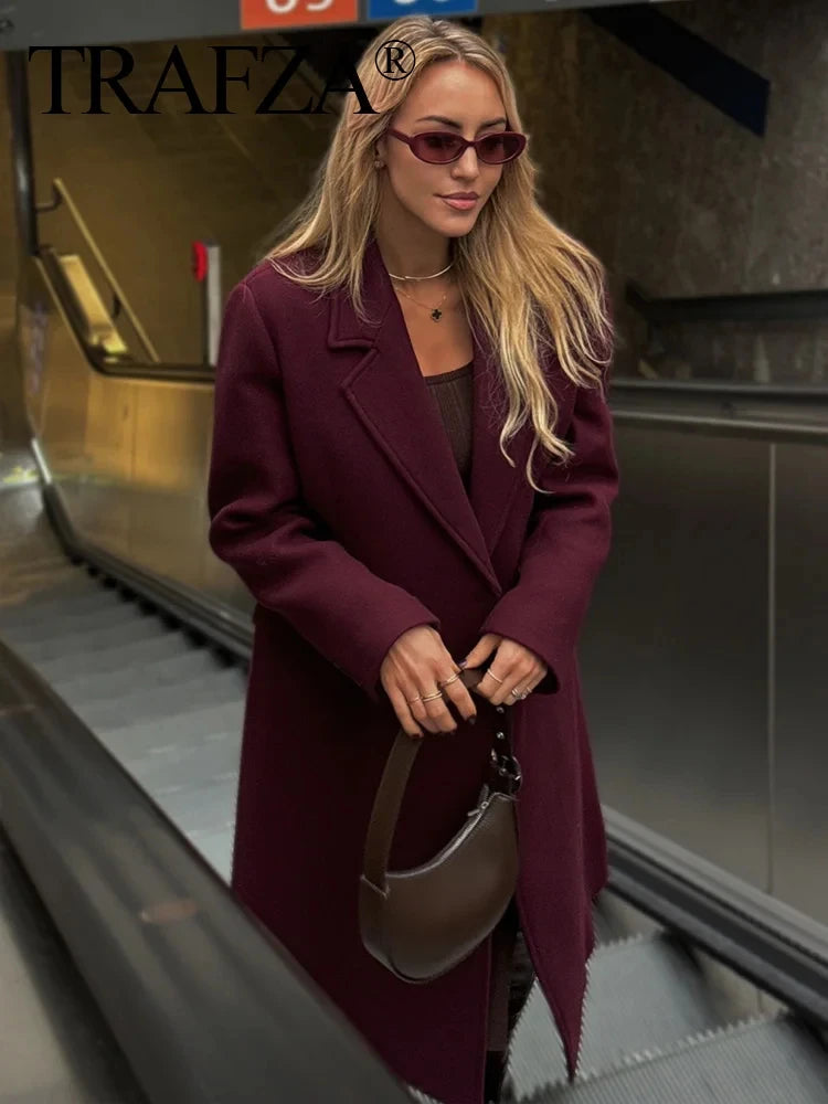 TRAFZA 2025 Fashion Women Burgundy Woolen Coat Double Breasted Long Sleeve Lapel Blends Jacket Female Autumn Winter Windbreaker-belleandkai.com