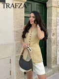 TRAFZA Summer Vests For Women V-Neck Chic Single Breasted Long Vest Top Female Casual Sleeveless Waistcoat Fashion Streetwear-belleandkai.com