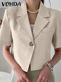 VONDA Elegant Summer Blazer Women Short Sleeve Suit Collar Coat 2024 Fashion Outwear Solid Color Casual Slim Button Tunic Tops-belleandkai.com