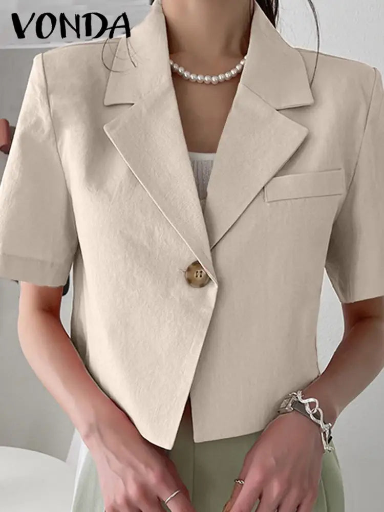 VONDA Elegant Summer Blazer Women Short Sleeve Suit Collar Coat 2024 Fashion Outwear Solid Color Casual Slim Button Tunic Tops-belleandkai.com