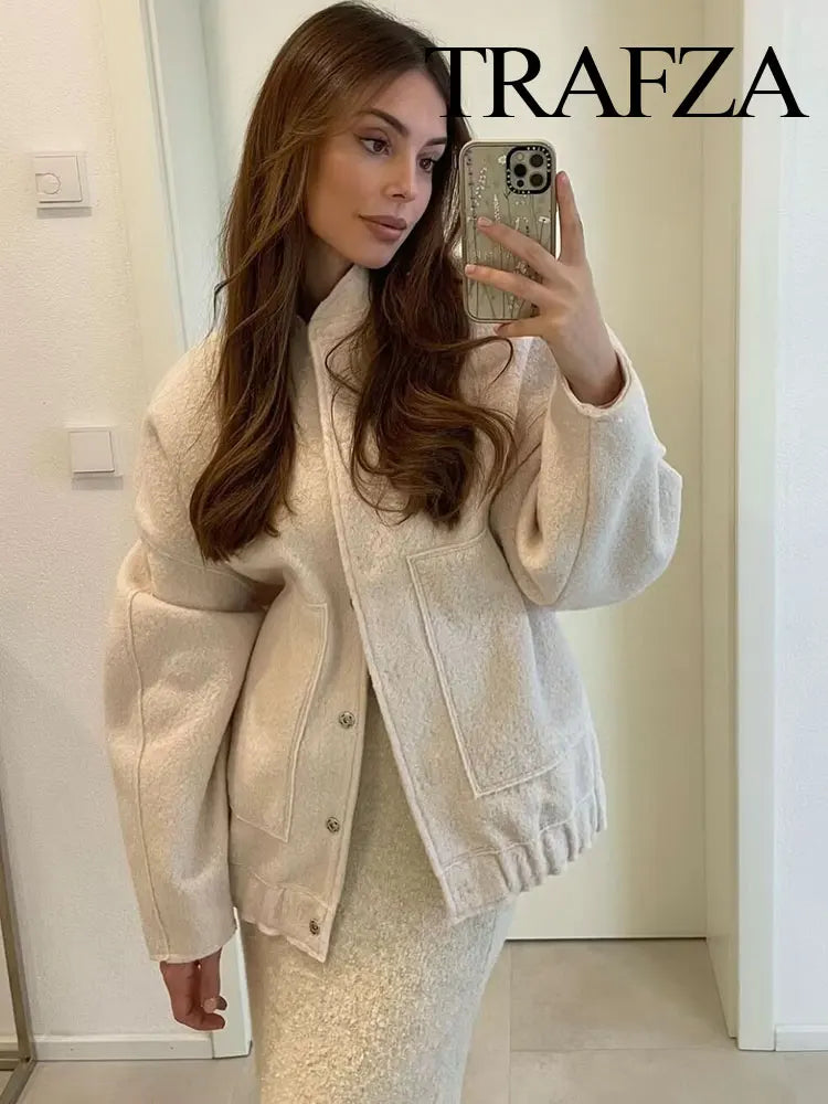 TRAFZA 2025 Women's Winter Street Jacket Solid Color Pocket Single-Breasted Jacket Women's Versatile Casual Jacket Cardigan Top-belleandkai.com