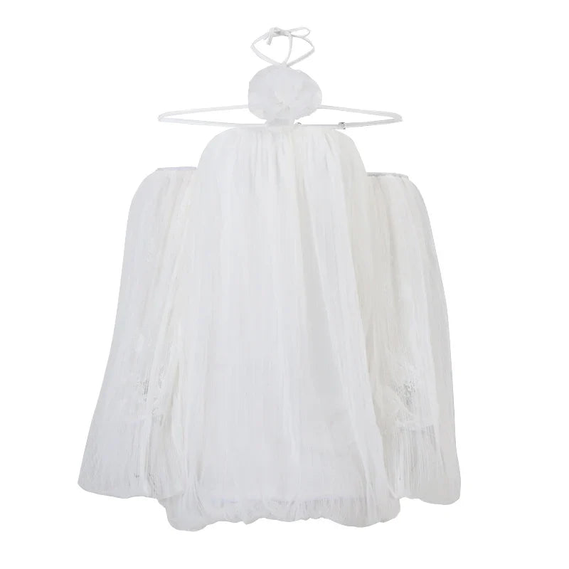 WhereMery Off Shoulder Elegant Mesh Backless Appliques Halter A-line Solid Mini Dress Y2K Summer Casual Party New Women Vestidos-belleandkai.com