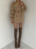 REALEFT 2023 New Autumn Winter Khaki Minimalist Women's Trench Coat Sashes Windbreaker Loose Flare Sleeve Double Breasted Trench-belleandkai.com