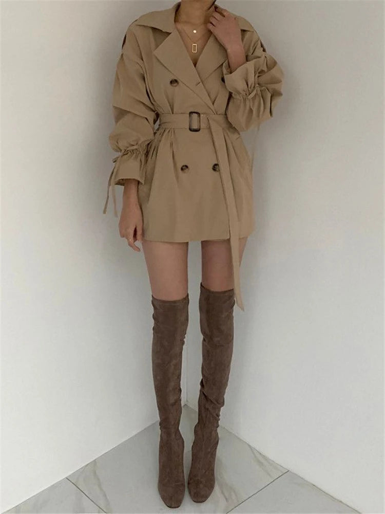 REALEFT 2023 New Autumn Winter Khaki Minimalist Women's Trench Coat Sashes Windbreaker Loose Flare Sleeve Double Breasted Trench-belleandkai.com