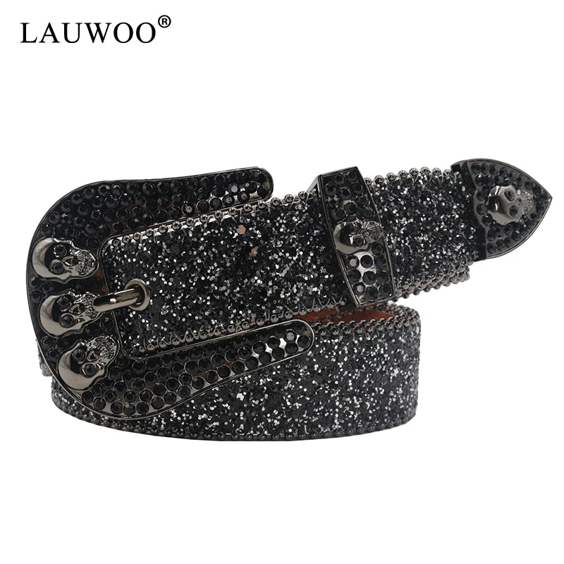 Skull Rhinestone Belts For Women Men Y2K Leather Strap Crystal Studded Western Cowgirl Cowboy Diamond Bling Bling Belt-belleandkai.com