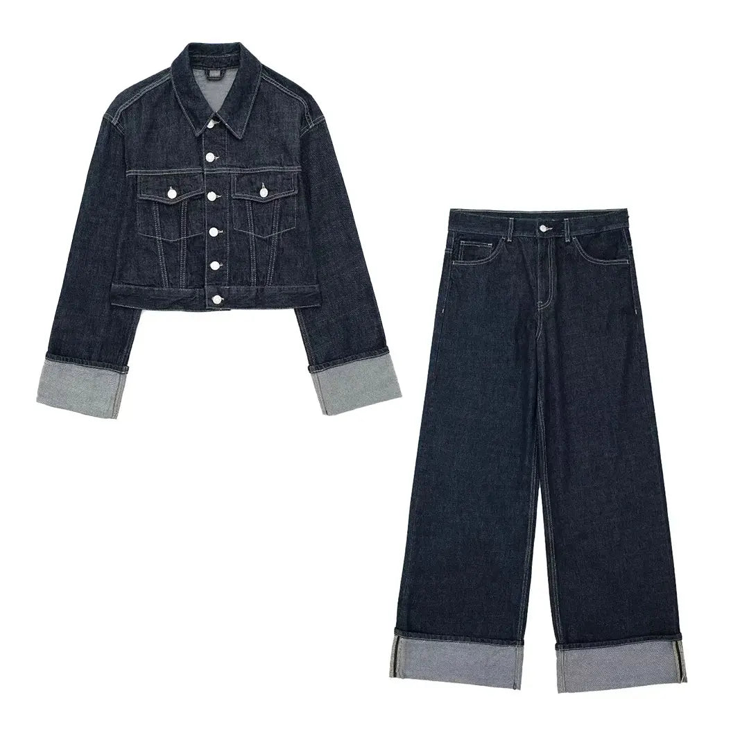 TRAFZA 2024 Autumn Female Vintage Denim Suit Long Sleeve Single Breasted Lapel Coat+High Waist Wide Leg Jeans Street Fashion Set-belleandkai.com