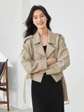 Vimly Light Khaki Crop Trench Coat Lapel Tie Belt Women's Windbreaker 2025 Spring Fashion Casual Loose Long Sleeve Jacket 16218-belleandkai.com
