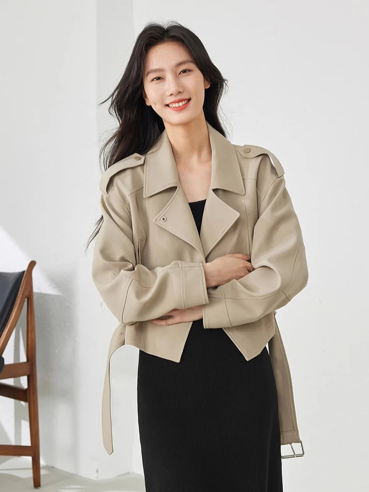 Vimly Light Khaki Crop Trench Coat Lapel Tie Belt Women's Windbreaker 2025 Spring Fashion Casual Loose Long Sleeve Jacket 16218-belleandkai.com