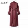 EDSA Women Luxury Faux Leather Jacket Coat with Belt for Autumn Winter Loose Long Windbreaker Trench Vintage Outerwear-belleandkai.com