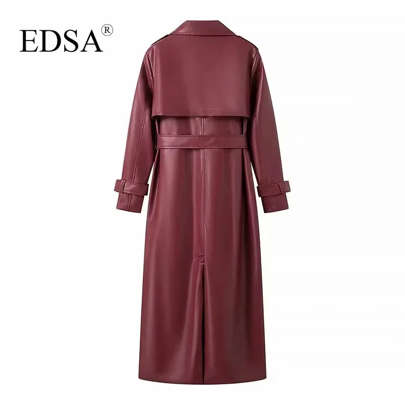EDSA Women Luxury Faux Leather Jacket Coat with Belt for Autumn Winter Loose Long Windbreaker Trench Vintage Outerwear-belleandkai.com