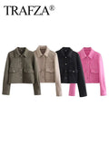 TRAFZA 2024 Autumn Winter Female Street Fashion Solid Jackets Causal With Pockets Button Down Turn Down Collar Elegant Coats-belleandkai.com